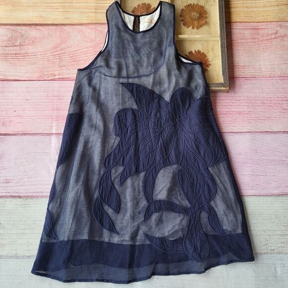 Anthropologie Hutch Blue Mesh Floral Embroidered Applique Mini Swing Dress Large - Picture 1 of 5